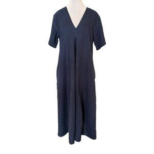 LJC Designs Handmade 100% Linen Navy Blue V-Neck Short-Sleeve Dress Size Large